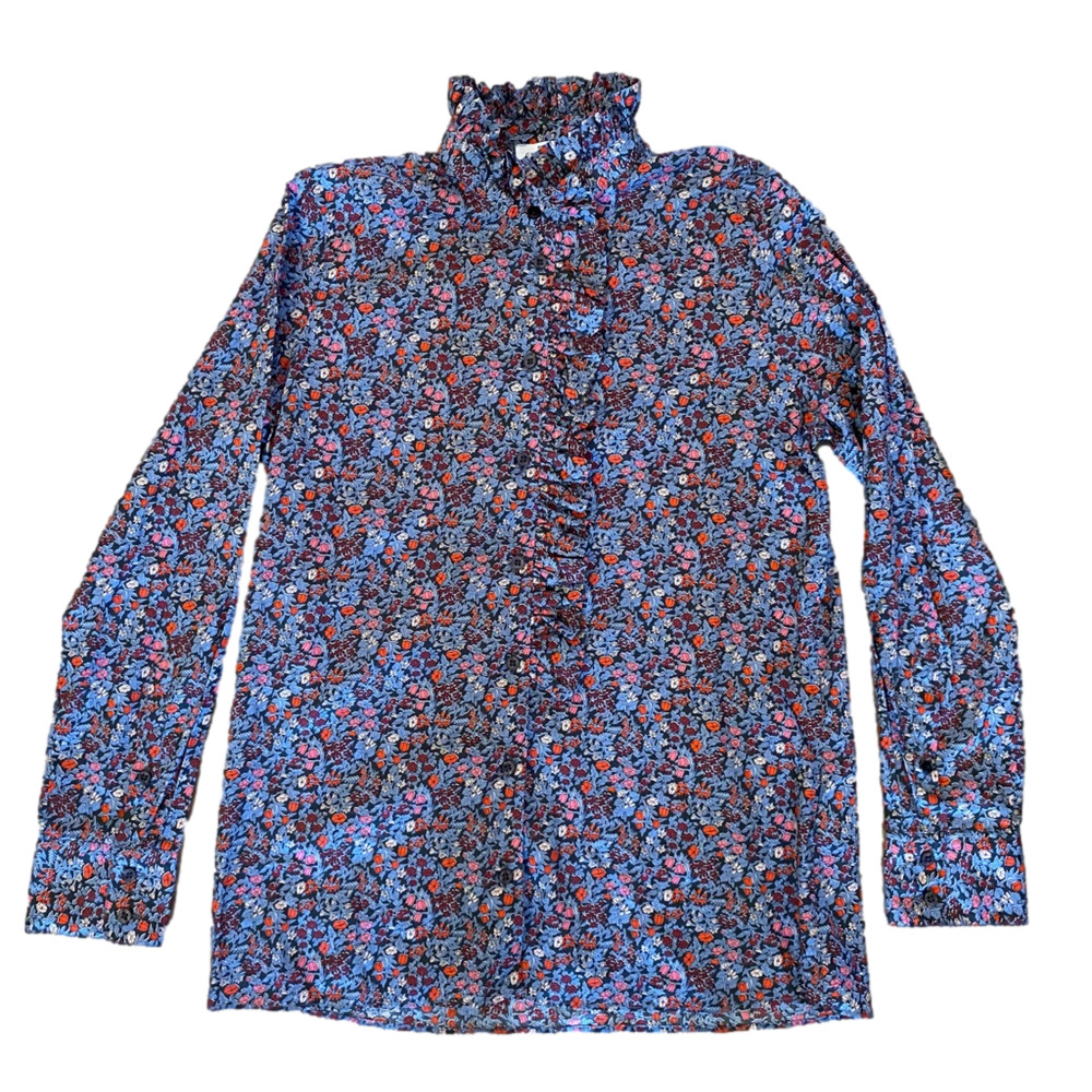 CYRILLUS PARIS US 8 LONG SLEEVE FLORAL TOP BLOUSE FRILLY NECKLINE BOHO CHIC